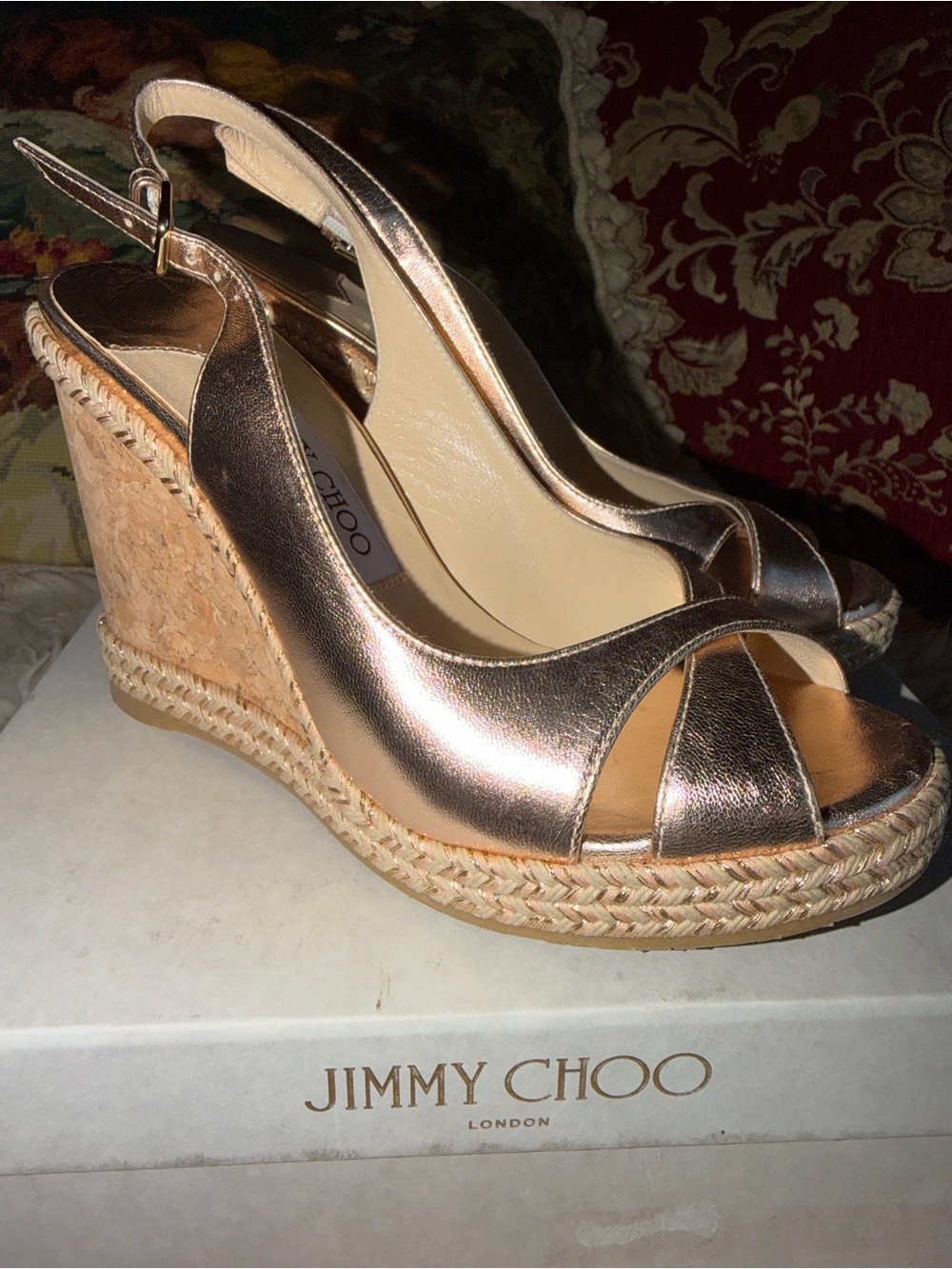 Jimmy Choo Metallic Rose Gold Leather Cork Espadrille Wedges